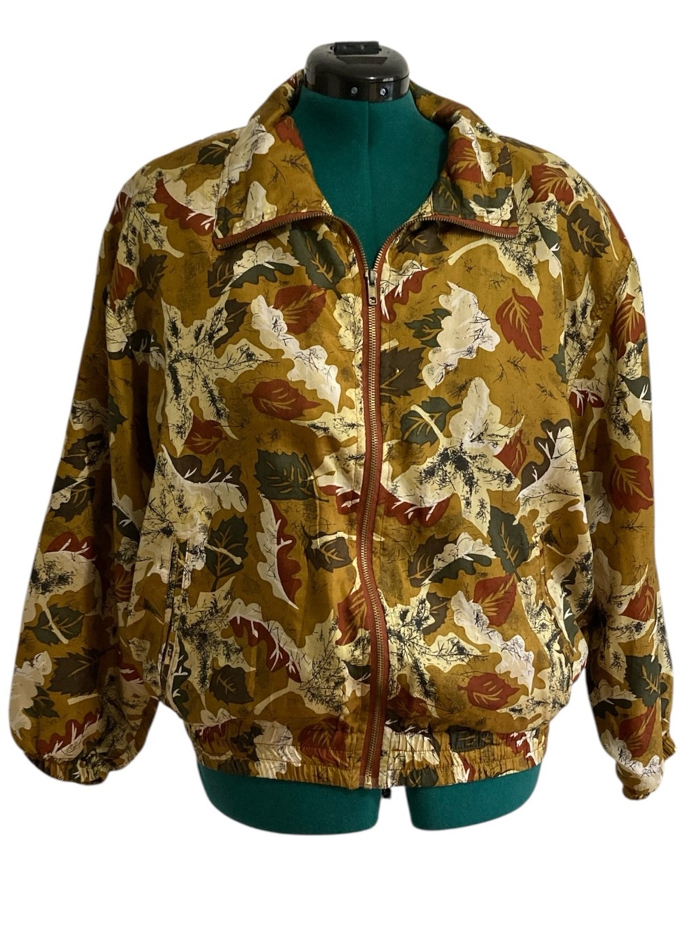 Vintage Studio Sportif 100% Silk Leaf Print Zip Up Windbreaker